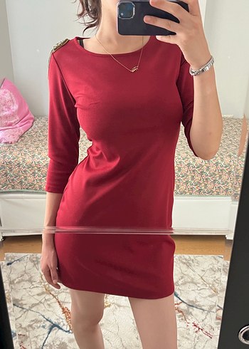 Bordo Düğmeli Modern Klasik Midi Elbise