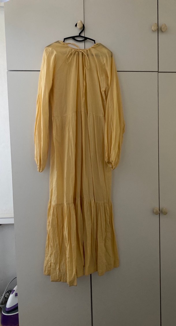 Bej Uzun Kollu Bohem Keten Elbise - Görsel 2