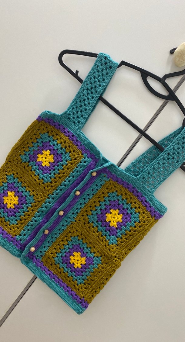 Düğmeli Çok Renkli Örgü Kadın Çanta - Görsel 4