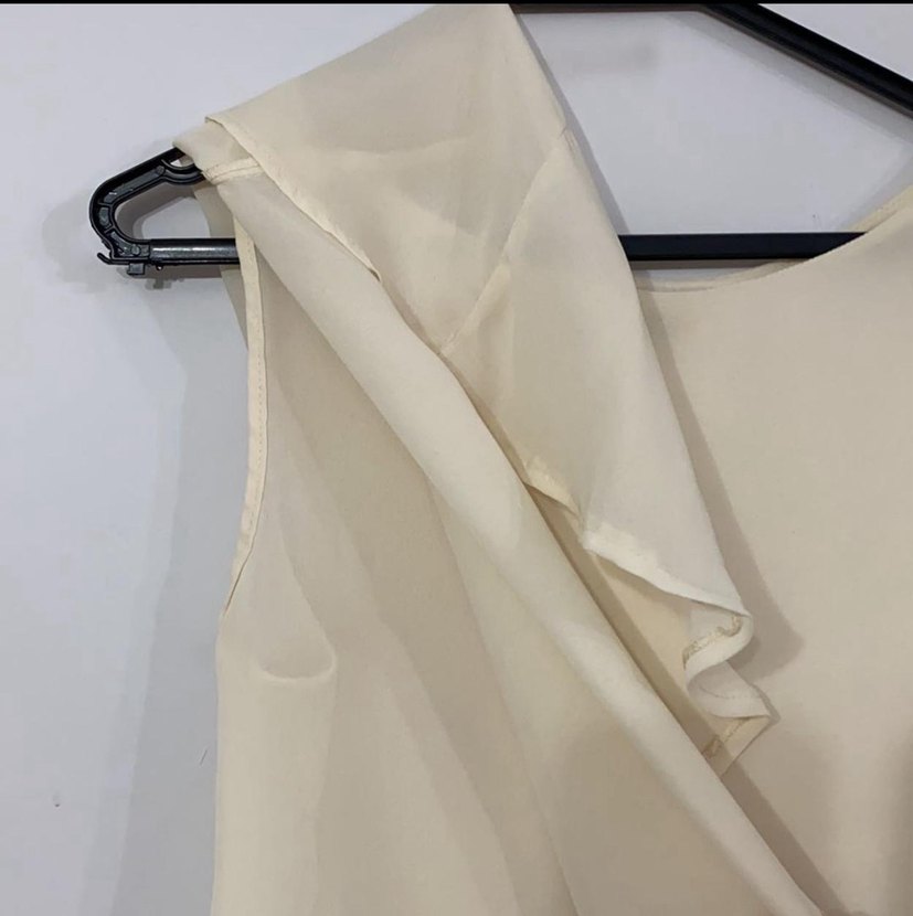 Bej Drapeli Kadın Bluz, Kayık Yaka, Kısa Kollu - Görsel 2