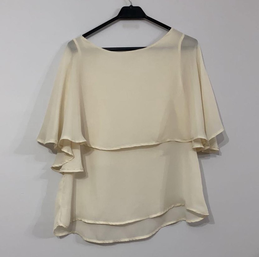 Bej Drapeli Kadın Bluz, Kayık Yaka, Kısa Kollu - Görsel 4