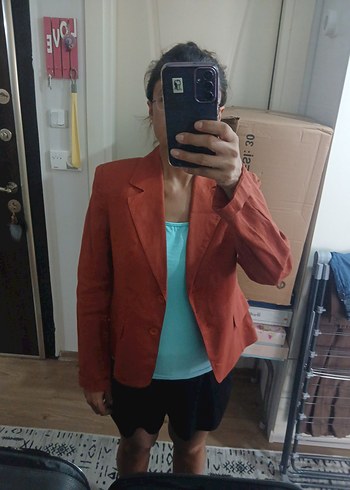 s Beden Düğmeli Uzun Kollu Kadın Keten Blazer Ceket