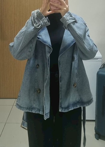 Düğmeli Geniş Kesim Mavi Denim Ceket - Görsel 3