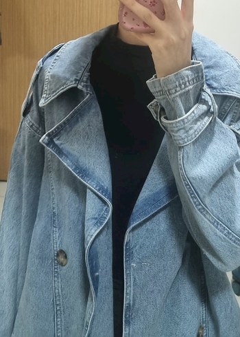 Düğmeli Geniş Kesim Mavi Denim Ceket - Görsel 5