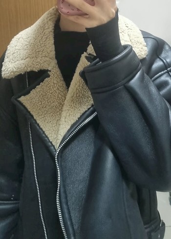 Kürklü Siyah Deri Biker Ceket - Görsel 5