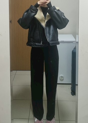 Kürklü Siyah Deri Biker Ceket - Görsel 3