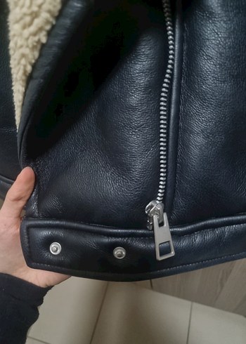 Kürklü Siyah Deri Biker Ceket - Görsel 8