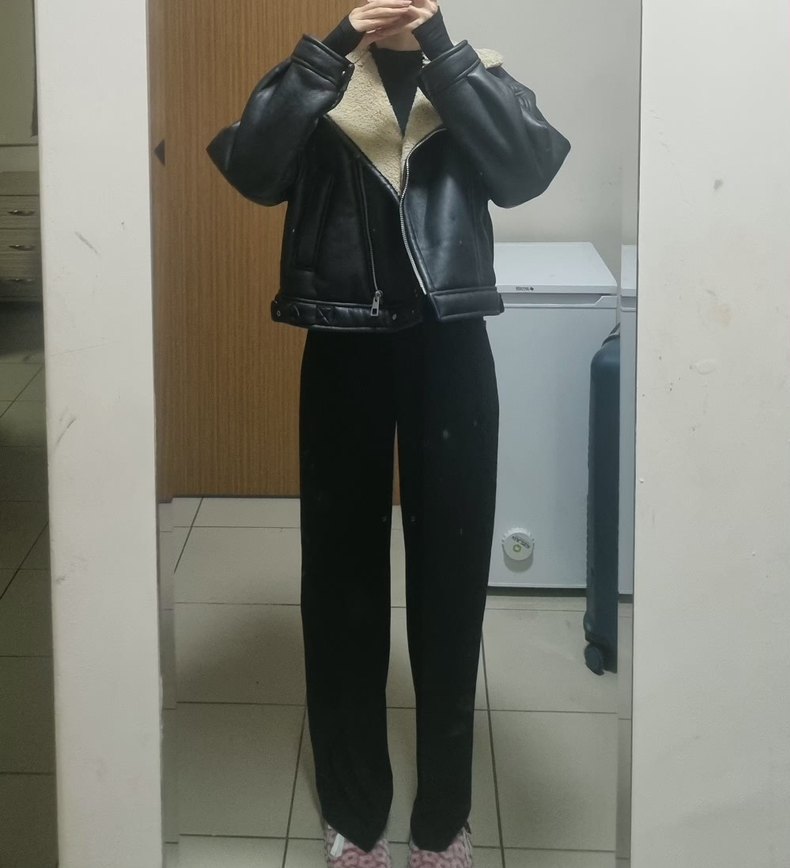 Kürklü Siyah Deri Biker Ceket - Görsel 3