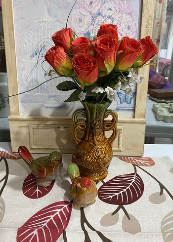 Koyu haki seramik vazo ve kuş figürlü aksesuarlar - Görsel 6