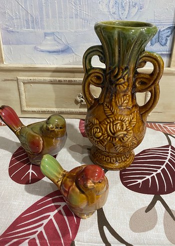 Koyu haki seramik vazo ve kuş figürlü aksesuarlar - Görsel 2