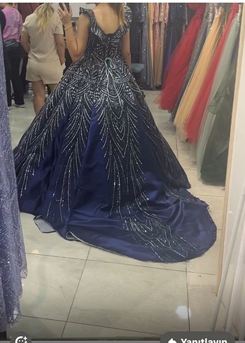 Abiye Lacivert gri taşlı kaburga model Nişanlık