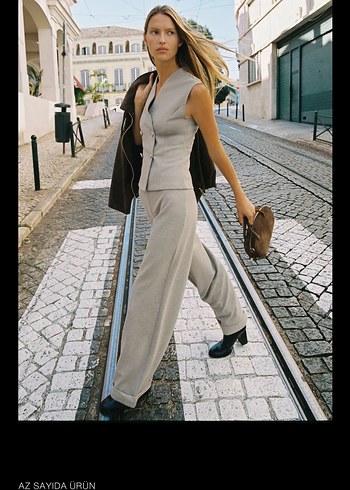 Bej gabardin dokulu Kadın Kumaş Pantolon - Görsel 8