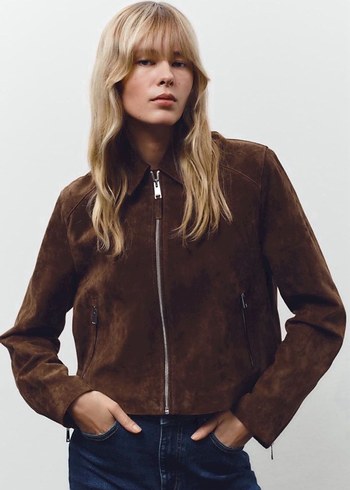 Kahverengi Süet Fermuarlı Kadın Ceket - Görsel 7