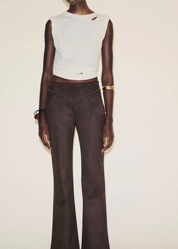 zımbalı  Kahverengi Süet Kadın Pantolon - Görsel 2