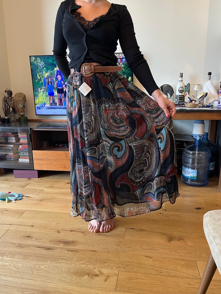 Desenli kemerli Bohem Kadın Uzun Etek - Görsel 5