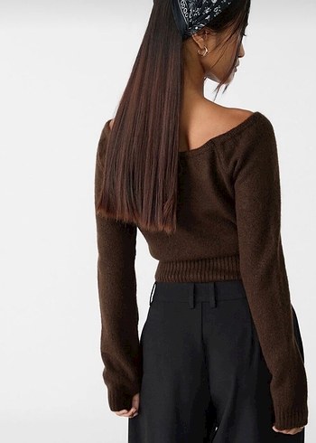 Kahverengi Triko Kayık Yaka Kadın Kazak - Görsel 2