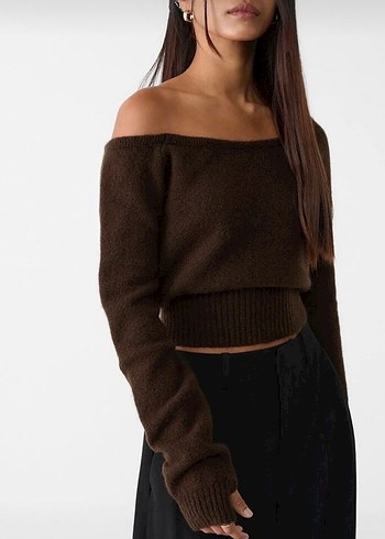 Kahverengi Triko Kayık Yaka Kadın Kazak - Görsel 3