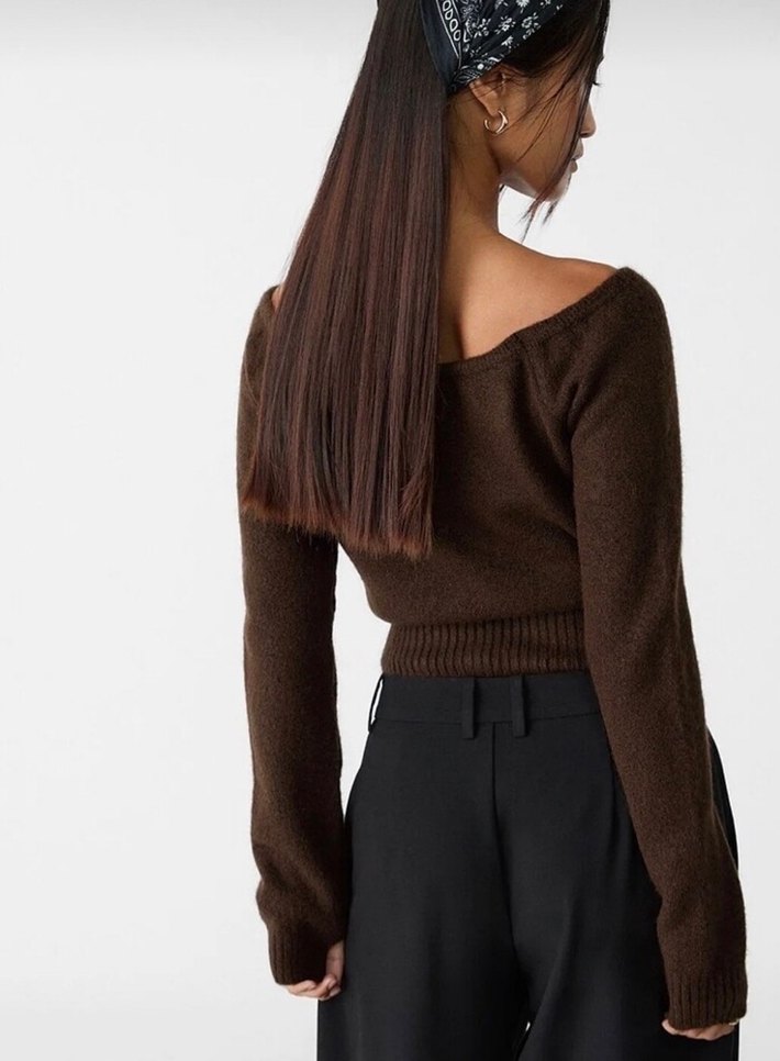 Kahverengi Triko Kayık Yaka Kadın Kazak - Görsel 2