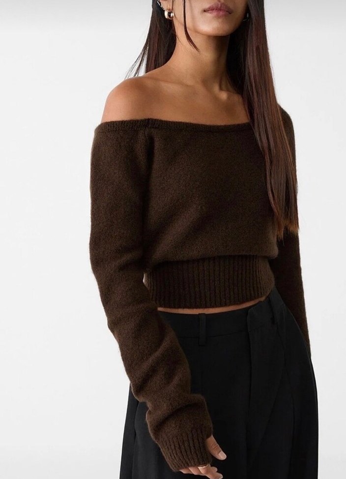 Kahverengi Triko Kayık Yaka Kadın Kazak - Görsel 3