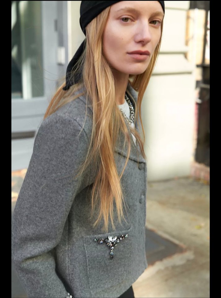 Taş Detaylı Gri Kısa çelik triko Kadın Ceket - Görsel 4