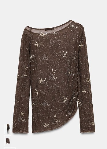 Transparan taşlı İşlemeli Kahverengi Kadın Bluz - Görsel 3