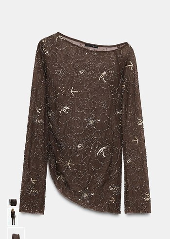 Transparan taşlı İşlemeli Kahverengi Kadın Bluz - Görsel 2