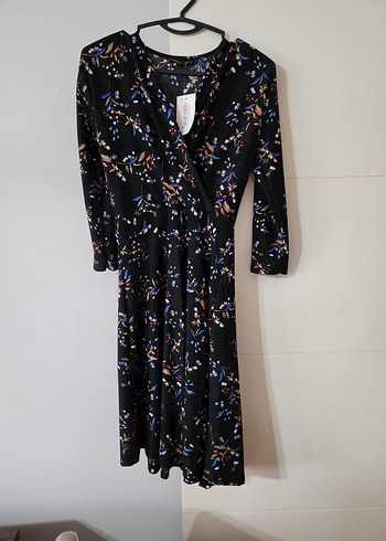 Siyah Desenli midi boy  V Yaka elbise - Görsel 5