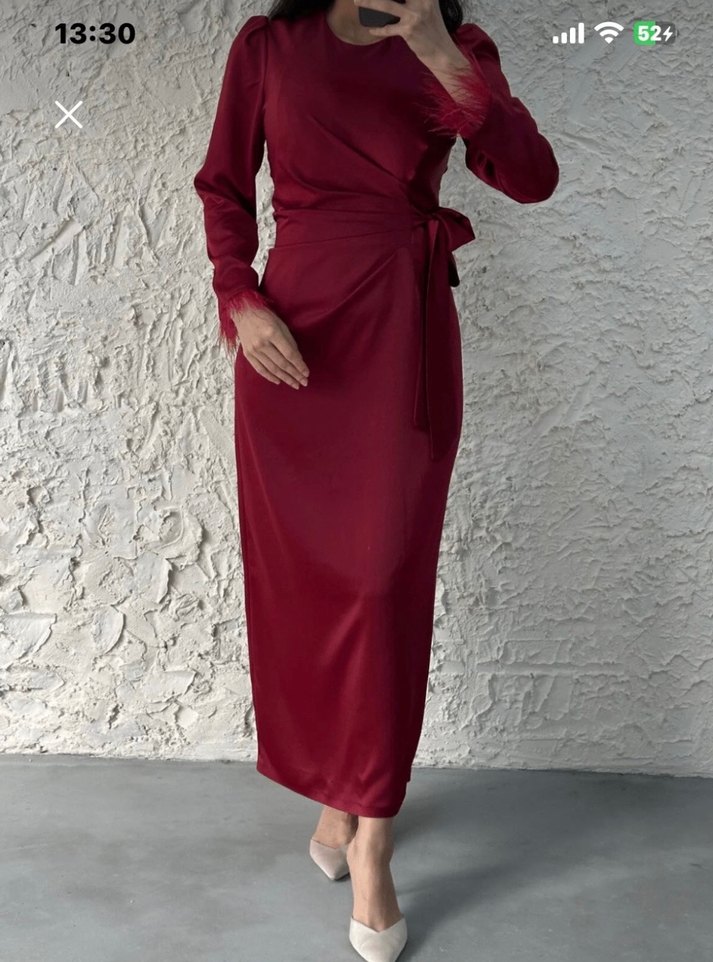 Bordo Uzun Kollu Drapeli Abiye Elbise - Görsel 3