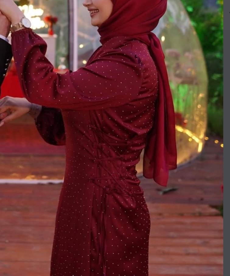 Bordo Uzun Kollu Drapeli Nişan Elbisesi - Görsel 3