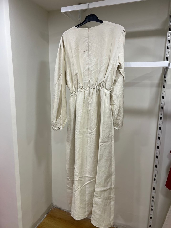 Moila ekru Beyaz Uzun Keten Elbise - Görsel 2