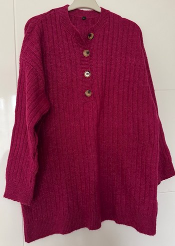 Fuşya Düğmeli Kadın Triko Kazak - Görsel 2