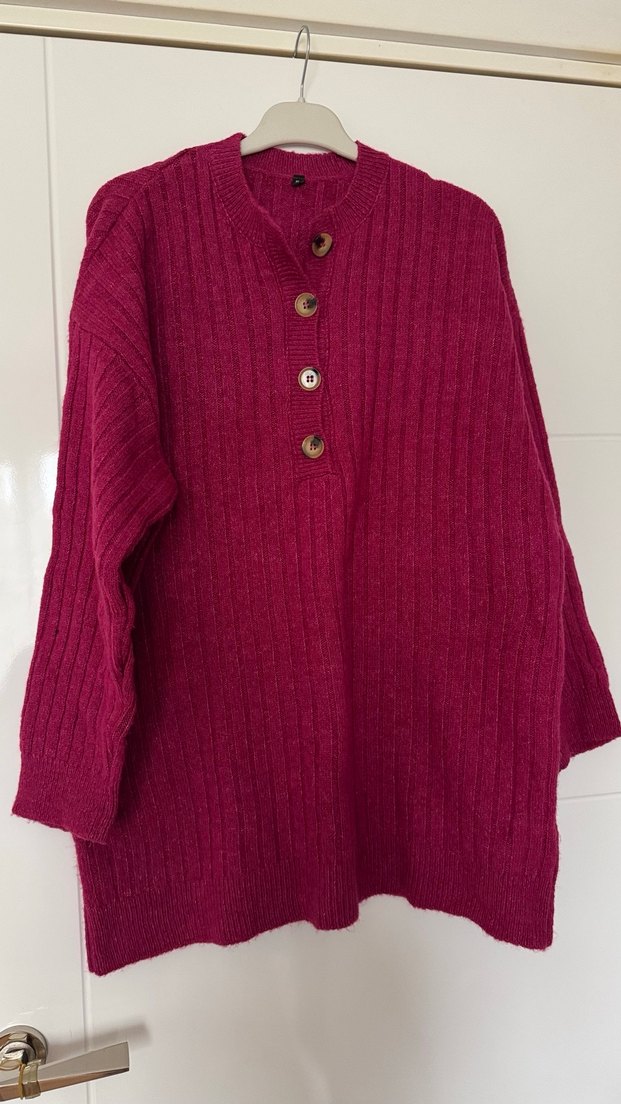 Fuşya Düğmeli Kadın Triko Kazak - Görsel 2