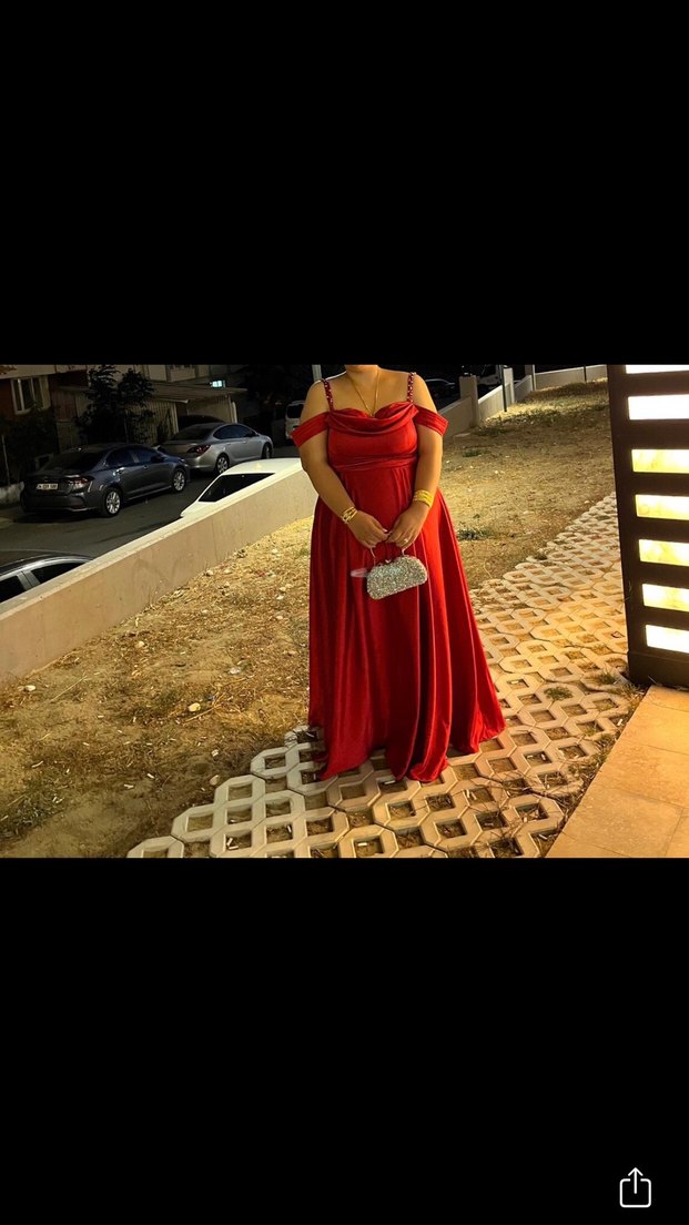 Kırmızı Uzun Drapeli Abiye Elbise - Görsel 2