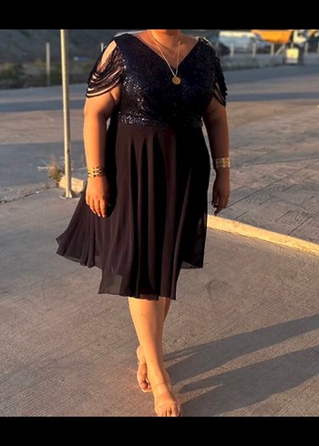 Kadın Lacivert Payetli V Yaka Midi Elbise - Görsel 2