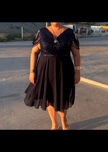 Kadın Lacivert Payetli V Yaka Midi Elbise - Görsel 3