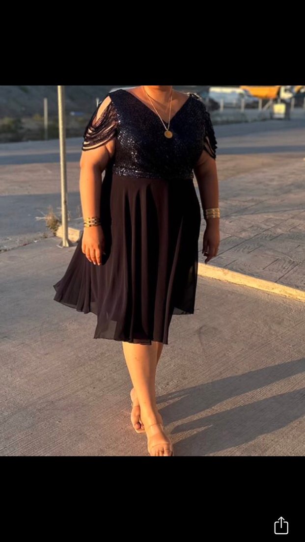 Kadın Lacivert Payetli V Yaka Midi Elbise - Görsel 2