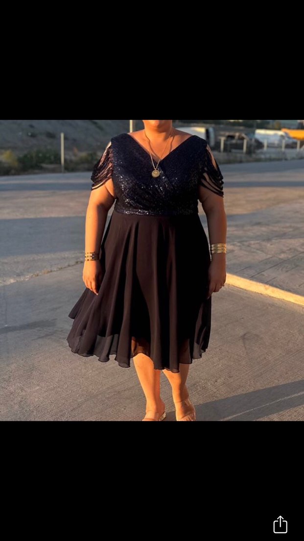 Kadın Lacivert Payetli V Yaka Midi Elbise - Görsel 3