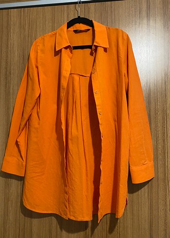 Turuncu Nakışlı Uzun Keten Gömlek - Görsel 2