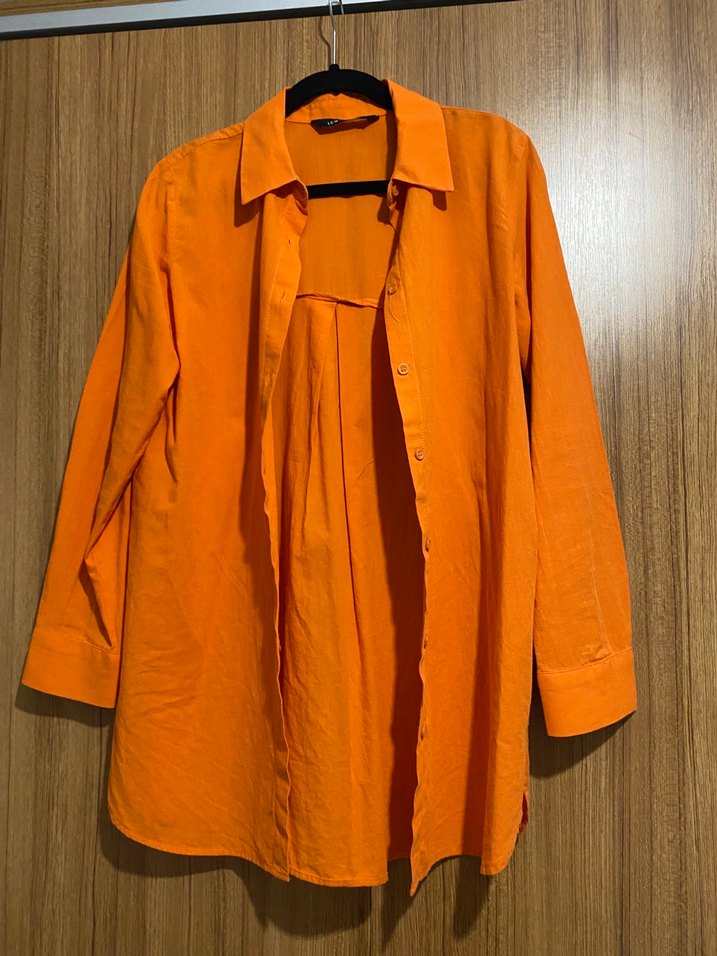 Turuncu Nakışlı Uzun Keten Gömlek - Görsel 2