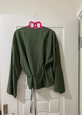 Kemerli Yeşil Kadın Keten Kimono - Görsel 2
