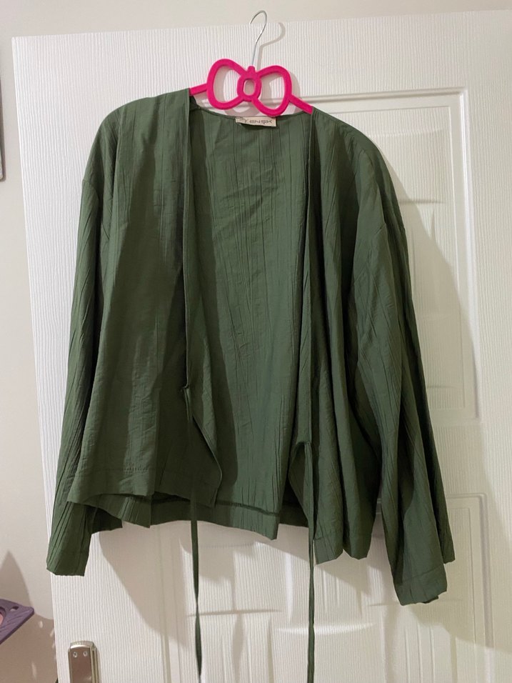 Kemerli Yeşil Kadın Keten Kimono - Görsel 3