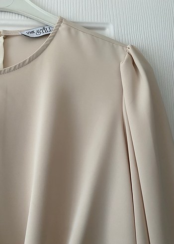 Bej Drapeli Kadın Bluz, Uzun Kollu, Salaş Kesim - Görsel 3