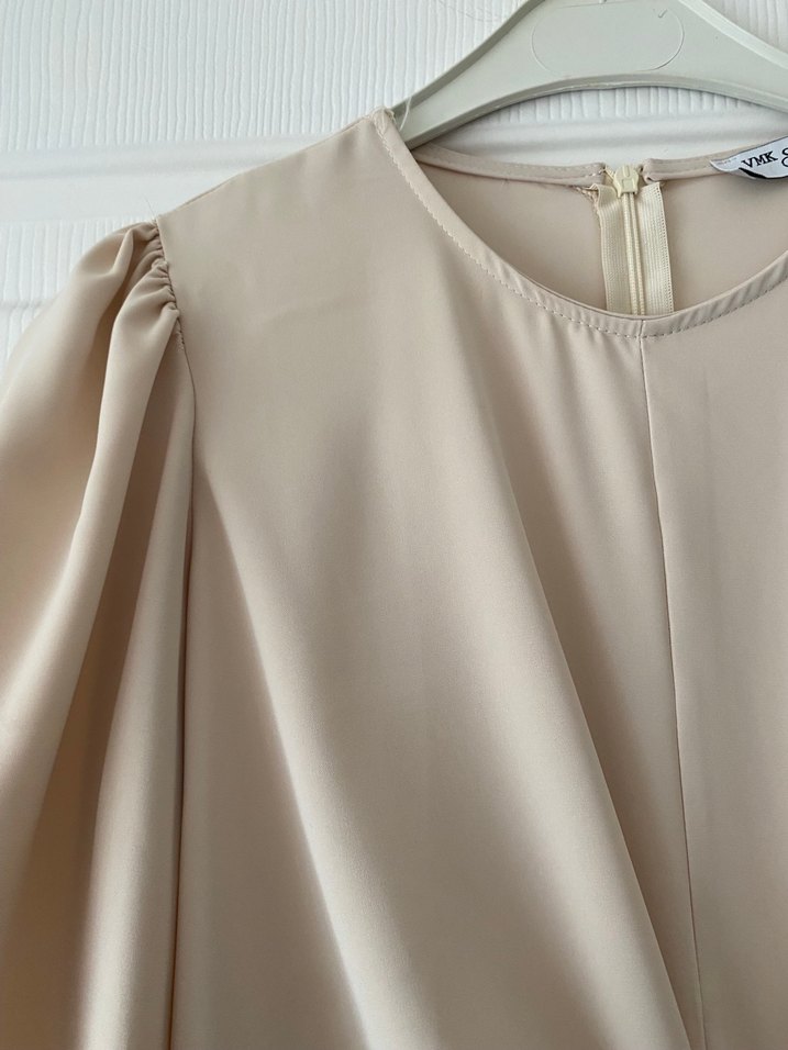 Bej Drapeli Kadın Bluz, Uzun Kollu, Salaş Kesim - Görsel 2