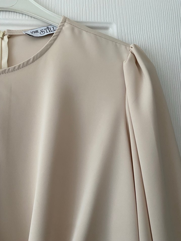 Bej Drapeli Kadın Bluz, Uzun Kollu, Salaş Kesim - Görsel 3