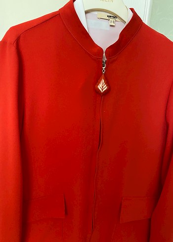 Kadın Kırmızı Fermuarlı Midi Ceket - Görsel 3