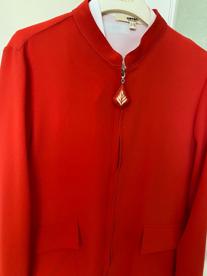 Kadın Kırmızı Fermuarlı Midi Ceket - Görsel 3