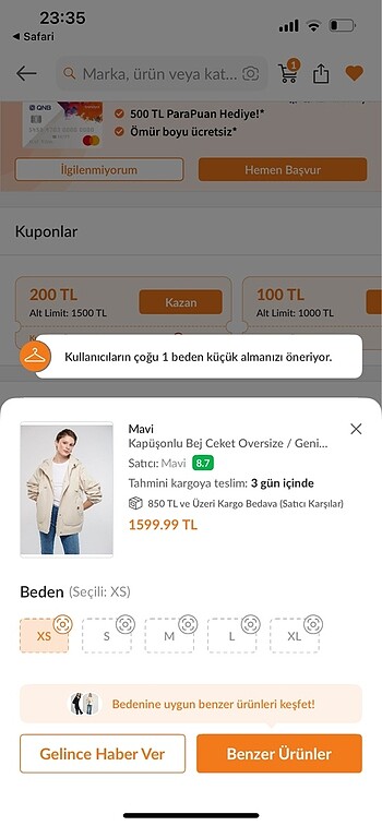 m Beden mavi kapüşonlu bej ceket