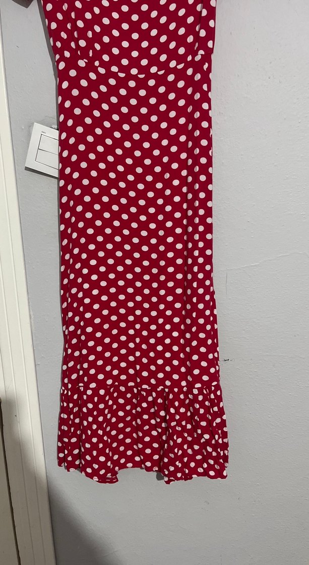 Kırmızı Puantiyeli Uzun V Yaka Elbise - Görsel 4