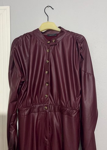 Düğmeli Bordo Deri Uzun Kadın Ceket - Görsel 2