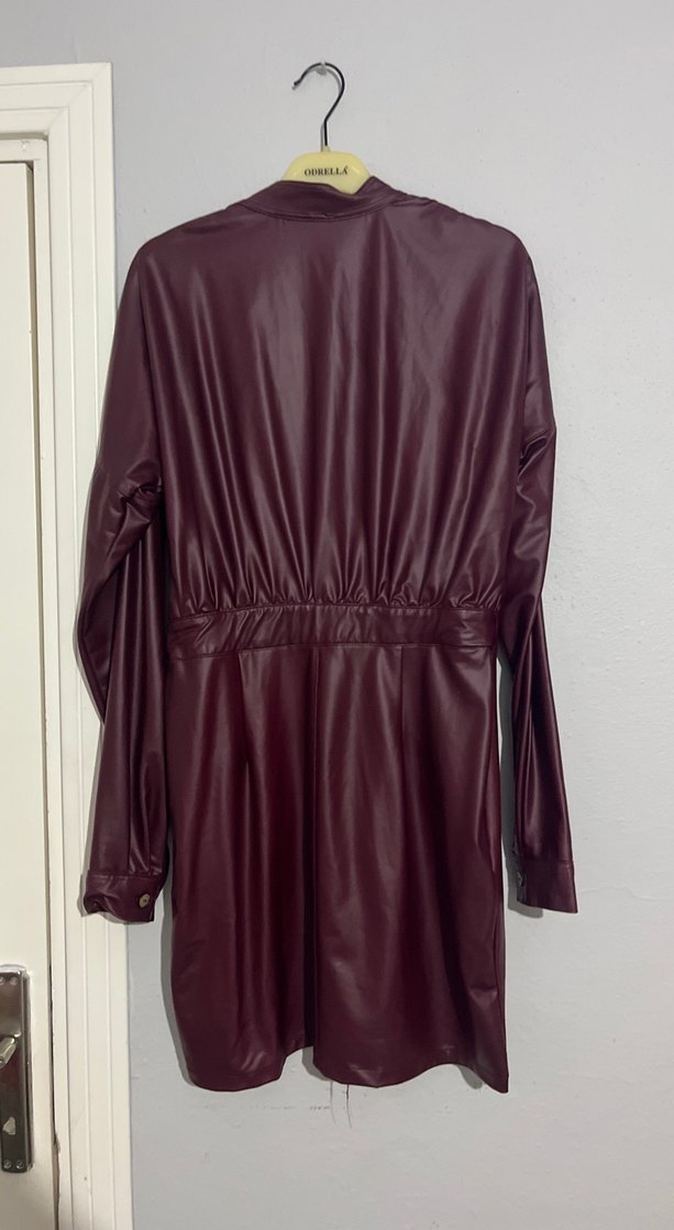 Düğmeli Bordo Deri Uzun Kadın Ceket - Görsel 4